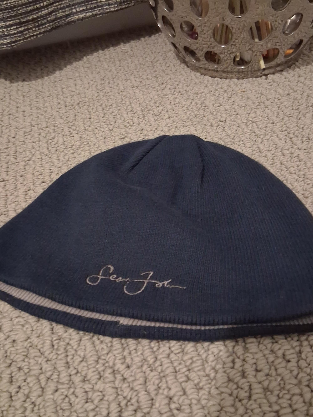 Sean John Navy Knit Beanie with Stripe Detail